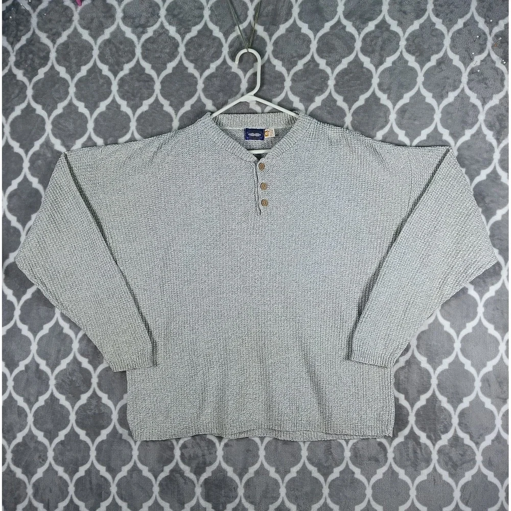 West Marine Natural Gear Sweater Men L Gray Oatmeal Cotton Henley Knit Pullover